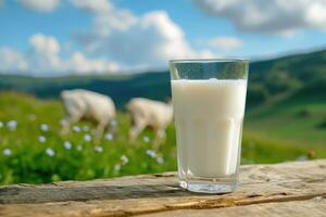ai generato bicchiere di naturale fresco latte su tavolo con capra e verde campo azienda agricola paesaggio Visualizza. foto