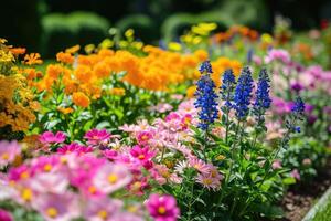 ai generato multicolore fiore letto nel il parco. all'aperto estate giardinaggio. foto