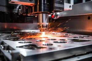 ai generato laser taglio di metallo su cnc macchine, moderno industriale tecnologia per produzione industriale parti. moderno lavorazione dei metalli foto