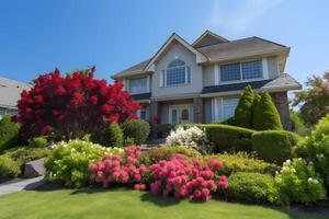 ai generato classico a due piani Casa con fiore giardino a soleggiato estate giorno - americano sognare stile, neurale Rete generato Immagine foto