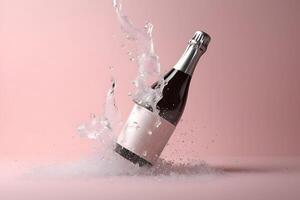 ai generato non aperto bottiglia di Champagne con spruzzi su rosa sfondo, neurale Rete generato fotorealistico Immagine foto