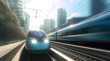 ai generato generico moderno alta velocità treno in movimento veloce attraverso il città ambiente, neurale Rete generato Immagine foto