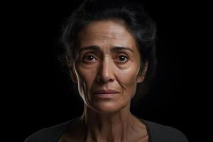 ai generato ritratto di anziano latino americano donna su nero sfondo. neurale Rete generato fotorealistico Immagine. foto
