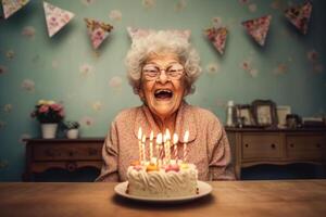 ai generato un anziano donna colpi su il candele su un' compleanno torta a sua casa foto