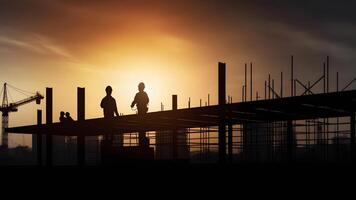 ai generato sagome di ingegnere e costruzione squadra Lavorando a Alba o tramonto, neurale Rete generato Immagine foto