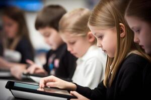 ai generato tecnologia nel aula - bambini studenti nel scuola utilizzando tavoletta computer durante formazione scolastica processi, fotorealistico, neurale Rete generato Immagine foto