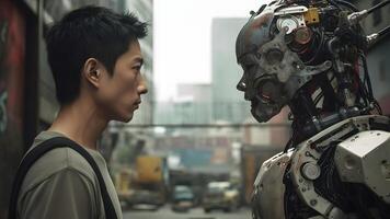 ai generato asiatico giovane adulto uomo contro robot guardare a ogni Altro, viso per viso, lato Visualizza, neurale Rete generato Immagine foto