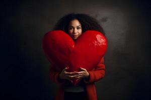ai generato misto gara donna Tenere grande rosso cuore su grigio sfondo, neurale Rete generato fotorealistico Immagine foto