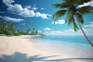 ai generato tropicale spiaggia Visualizza a soleggiato giorno con bianca sabbia, turchese acqua e palma albero, neurale Rete generato Immagine foto