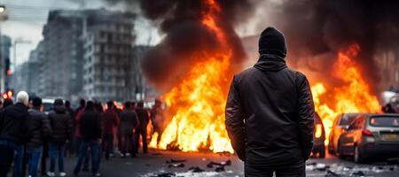 ai generato strada rivolta nel città con manifestanti e ardente macchine, neurale Rete generato fotorealistico Immagine foto