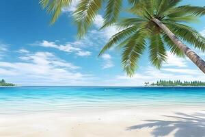 ai generato tropicale spiaggia Visualizza a soleggiato giorno con bianca sabbia, turchese acqua e palma albero, neurale Rete generato Immagine foto