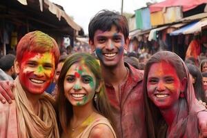 ai generato sorridente le persone, colorato contento facce con vivace colori durante il celebrazione di il holi Festival nel India. neurale Rete generato Immagine foto