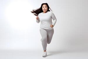 ai generato sovrappeso asiatico donna in esecuzione su bianca sfondo, concetto di sovrappeso e peso perdita. neurale Rete generato fotorealistico Immagine foto