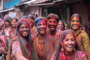 ai generato sorridente le persone, colorato contento facce con vivace colori durante il celebrazione di il holi Festival nel India. neurale Rete generato Immagine foto