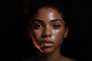 ai generato giovane adulto africano americano donna, ritratto su nero sfondo. neurale Rete generato fotorealistico Immagine foto