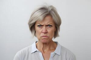 ai generato arrabbiato e disgustato anziano caucasico donna, testa e le spalle ritratto su bianca sfondo. neurale Rete generato fotorealistico Immagine foto