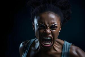 ai generato arrabbiato giovane adulto africano americano donna urlando, testa e le spalle ritratto su nero sfondo. neurale Rete generato fotorealistico Immagine. foto