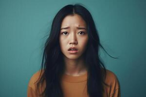 ai generato triste pianto asiatico giovane adulto donna ritratto su verde sfondo. neurale Rete generato fotorealistico Immagine foto