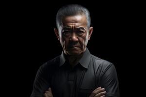 ai generato scettico anziano asiatico uomo, testa e le spalle ritratto su nero sfondo. neurale Rete generato fotorealistico Immagine. foto