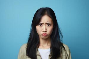 ai generato triste pianto asiatico giovane adulto donna ritratto su blu sfondo. neurale Rete generato fotorealistico Immagine foto