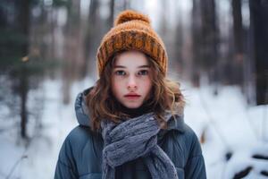 ai generato caucasico ragazza perso nel nevoso inverno foresta a giorno, neurale Rete generato fotorealistico Immagine foto