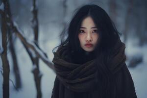 ai generato asiatico ragazza perso nel nevoso inverno foresta a giorno, neurale Rete generato fotorealistico Immagine foto