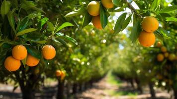 ai generato arance maturazione a agricoltura azienda agricola a soleggiato estate giorno, neurale Rete generato fotorealistico Immagine foto