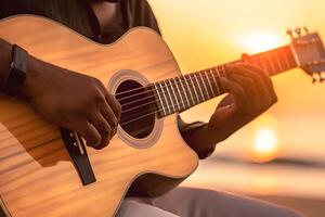 ai generato africano americano di persona mani giocando acustico chitarra su sabbioso spiaggia a tramonto volta. giocando musica concetto, neurale Rete generato fotorealistico Immagine foto