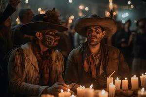 ai generato Due in costume cowboy con cranio trucco nel davanti di un' tavolo con candele a il evento per dia de los muertos a notte, neurale Rete generato Immagine foto