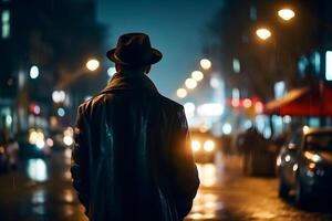 ai generato cinematico ritratto di sconosciuto su notte strada nel thriller stile, neurale Rete generato fotorealistico Immagine foto