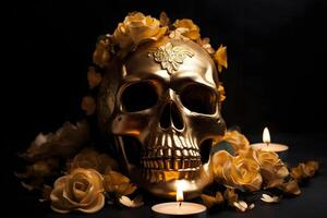 ai generato d'oro palella con giallo fiori su buio sfondo per dia de los muertos o giorno di il morto celebrazione, neurale Rete generato Immagine foto