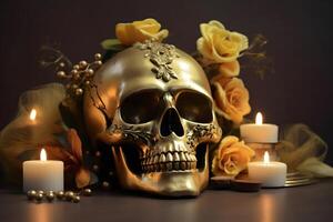 ai generato d'oro palella con giallo fiori su buio sfondo per dia de los muertos o giorno di il morto celebrazione, neurale Rete generato Immagine foto