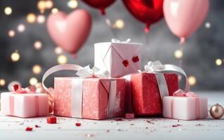 ai generato contento San Valentino giorno. vacanza nozze. contento compleanno. festivo sfondo con cuore, palloncini e regalo scatola. generativo ai. foto