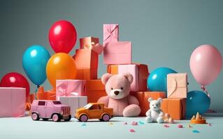 ai generato carino giocattoli con colorato Palloncino e regalo scatola. ai generativo foto