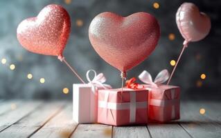 ai generato contento San Valentino giorno. vacanza nozze. contento compleanno. festivo sfondo con cuore, palloncini e regalo scatola. generativo ai. foto