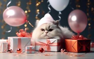 ai generato adorabile gattino con regalo scatole. carino gatto con Palloncino. nuovo anno celebrazione. ai generativo foto