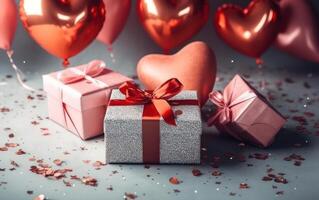 ai generato contento San Valentino giorno. vacanza nozze. contento compleanno. festivo sfondo con cuore, palloncini e regalo scatola. generativo ai. foto