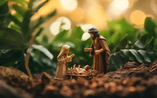 ai generato Natale Natività scena. bambino Gesù Cristo, Maria e Joseph. generativo ai foto