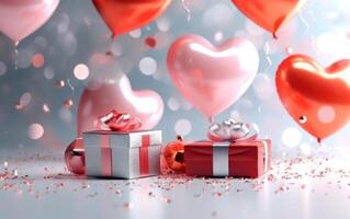 ai generato contento San Valentino giorno. vacanza nozze. contento compleanno. festivo sfondo con cuore, palloncini e regalo scatola. generativo ai. foto