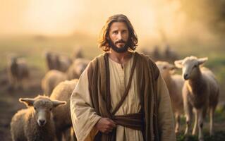 ai generato un' Bibbia Gesù pastore con il suo gregge di pecora durante tramonto. generativo ai foto