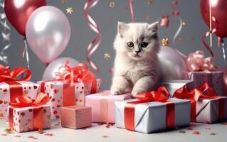 ai generato adorabile gattino con regalo scatole. carino gatto con Palloncino. nuovo anno celebrazione. ai generativo foto