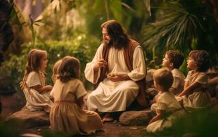 ai generato Gesù Cristo parlando per figli, Gesù e bambini sorridente. generazione ai foto