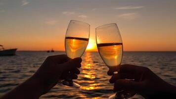 ai generato mani Tenere Champagne bicchieri al di sopra di il mare. romantico vacanza, neurale Rete generato Immagine foto