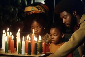 ai generato africano famiglia celebra Kwanzaa con colorato candele al chiuso, neurale Rete generato fotorealistico Immagine foto