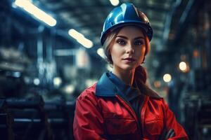 ai generato caucasico donna nel blu difficile cappello in posa con sua braccia attraversato nel un industriale magazzino, neurale Rete generato fotorealistico Immagine foto