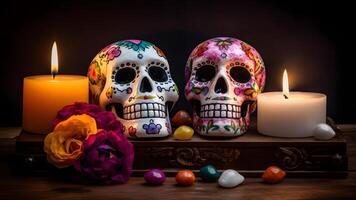 ai generato ornato bianca cranio con candele e fiori per dia de los muertos o giorno di il morto celebrazione, neurale Rete generato Immagine foto