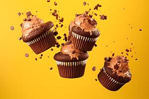 ai generato volante cioccolato muffin, o cupcakes su giallo sfondo, neurale Rete generato fotorealistico Immagine foto