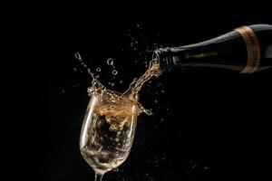 ai generato celebrazione tema con spruzzi Champagne nel Riempimento bicchiere di vino con bottiglia su nero sfondo, neurale Rete generato fotorealistico Immagine foto