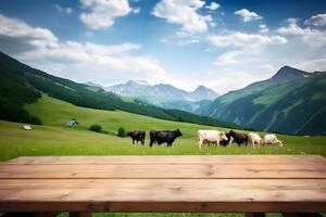 ai generato di legno tavolo su il sfondo di sfocato Alpi verde prato con mucche a soleggiato estate giorno, neurale Rete generato Immagine foto