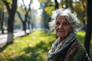 ai generato ritratto di un anziano dai capelli grigi donna nel il parco durante il giorno foto